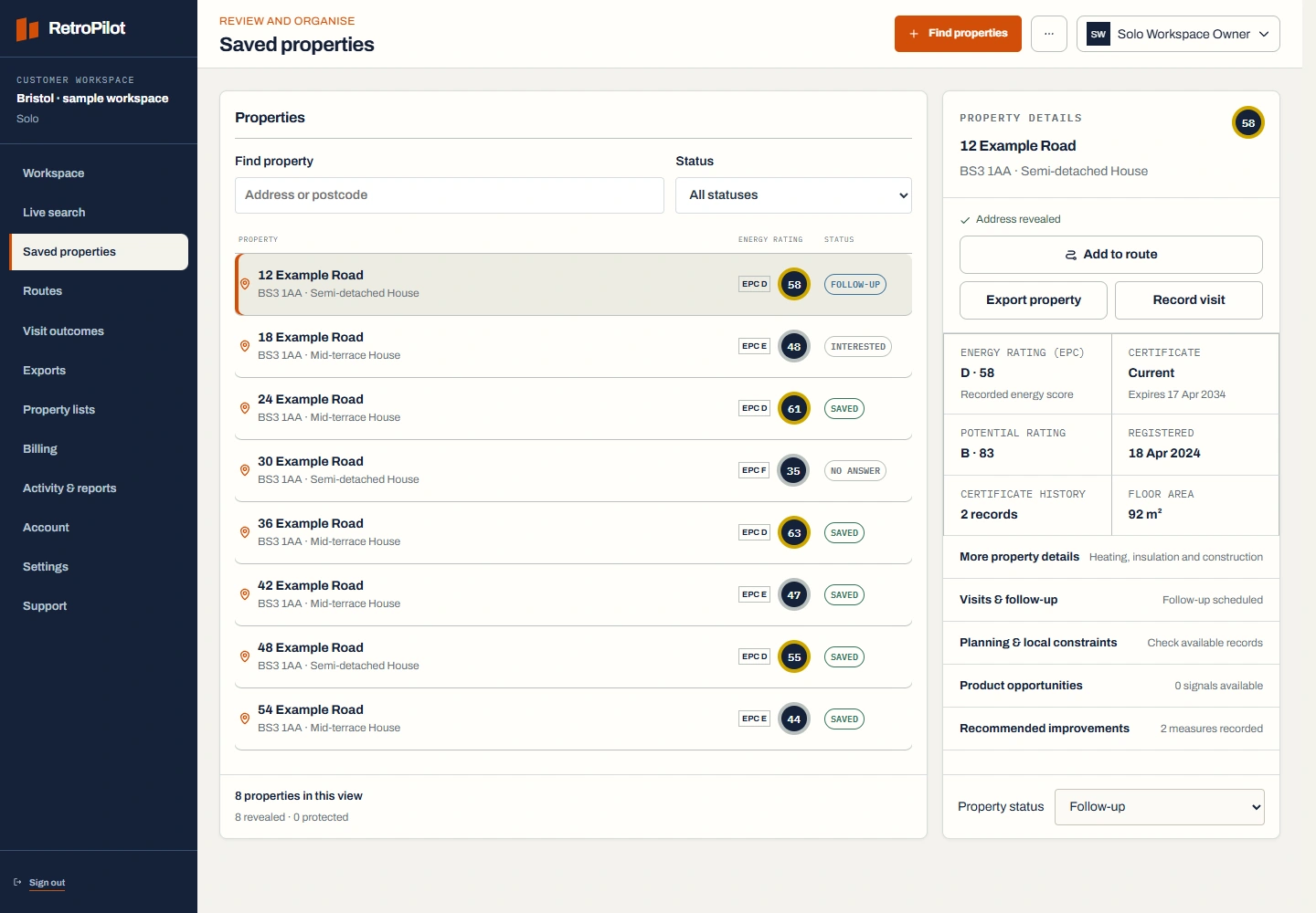 RetroPilot sample property details showing energy ratings, visit follow-up and planning controls
